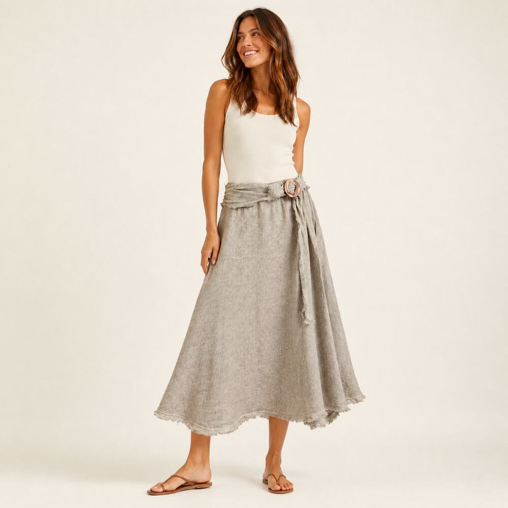 Tempo Paris Taupe 100% Linen Midi Skirt S Made Italy Sash Belt Wood Buckle